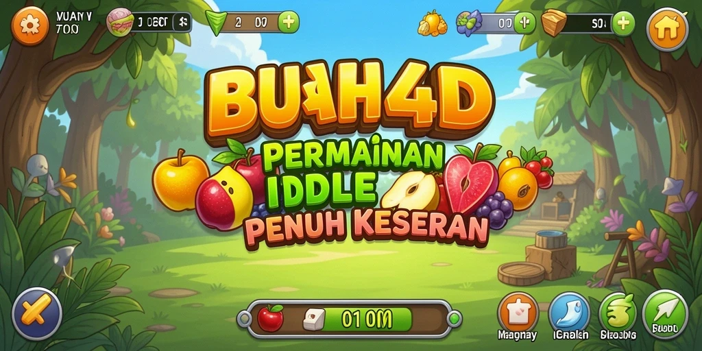 Tampilan screenshot BUAH4D menampilkan kebun buah yang berwarna-warni dan gameplay Idle yang menarik.