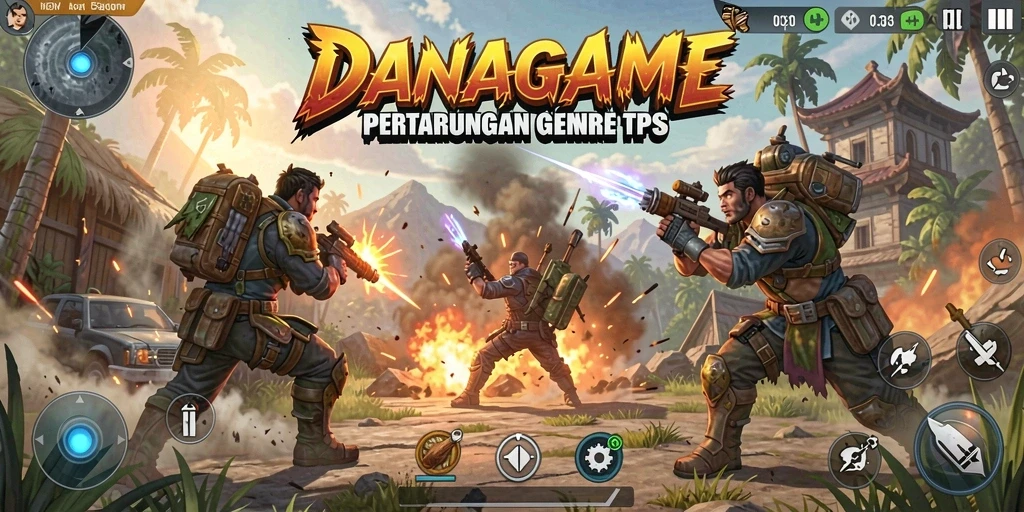 Screenshot utama DANAGAME menampilkan aksi pertempuran TPS yang mendebarkan.