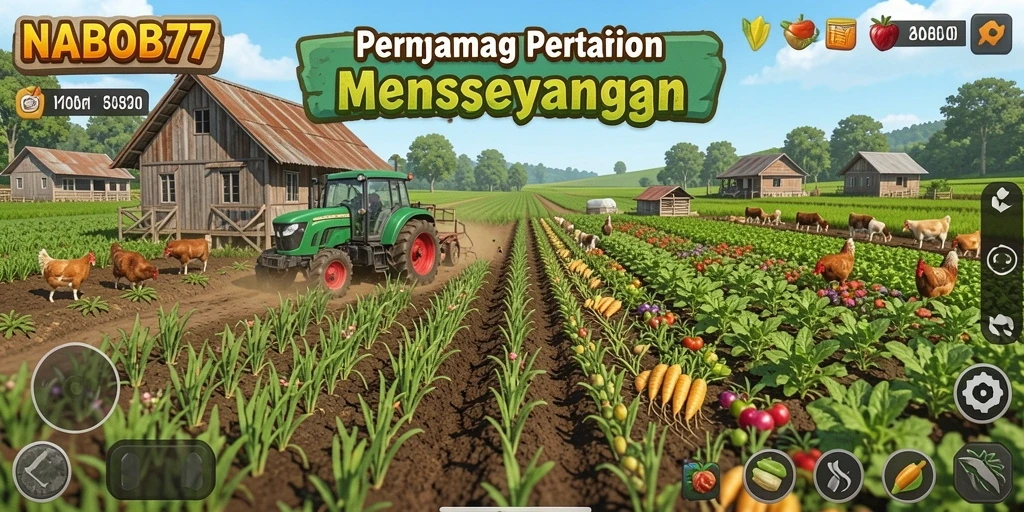 Screenshot gameplay NABOB77 yang menampilkan ladang indah dan tanaman yang subur.