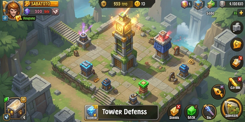 Screenshot gameplay SABATOTO menampilkan pertahanan menara yang strategis.