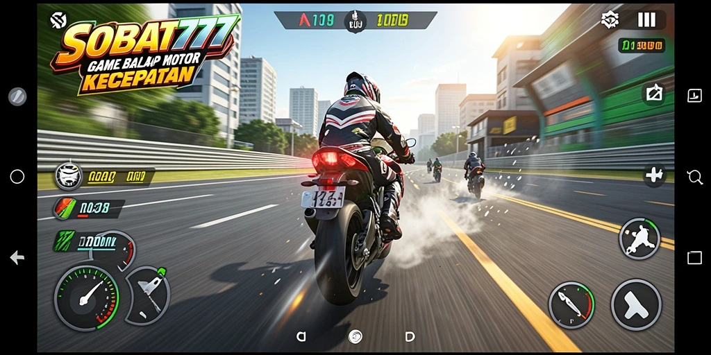 Tampilan gameplay seru dari SOBAT777 dengan balapan motor yang mendebarkan.
