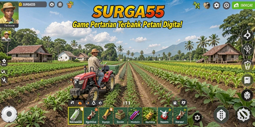 Tangkapan layar permainan SURGA55 dengan berbagai tanaman dan hewan.